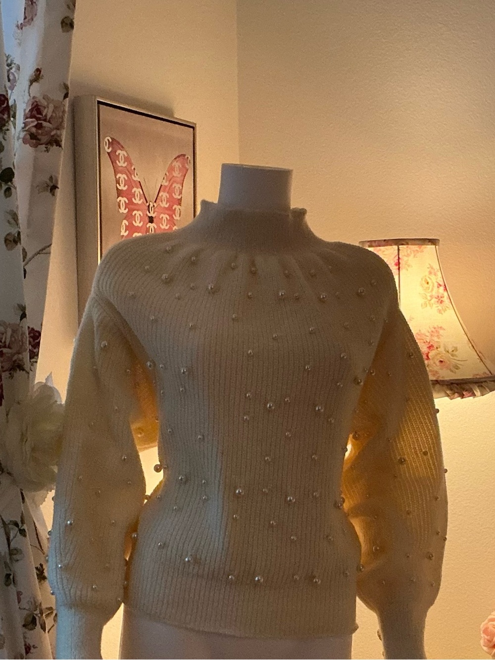 Pearl-Embellished Cream Turtleneck Sweater